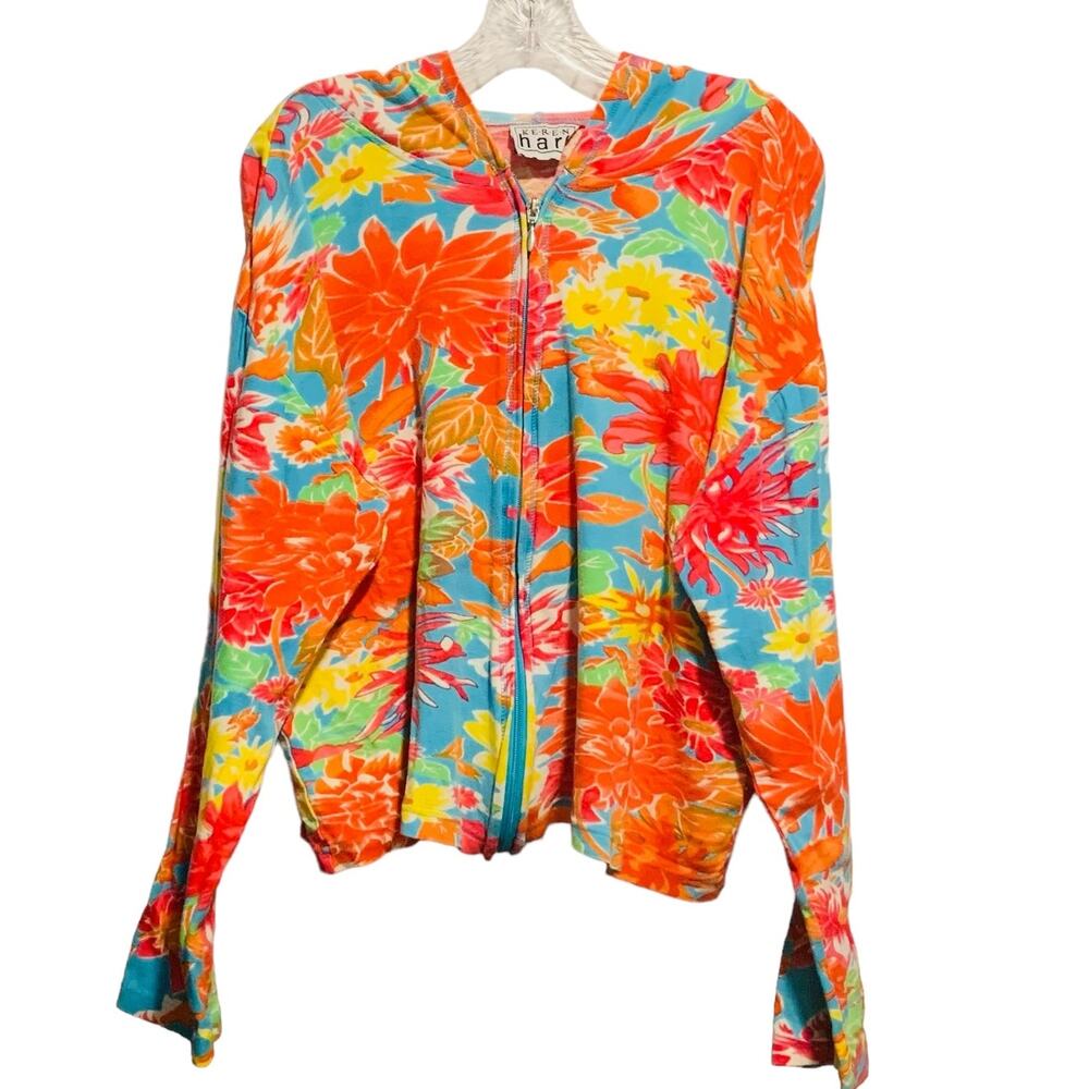 Women's KERAN HART XL Hoody Colorful Front Zip Boho Artsy 100% Cotton